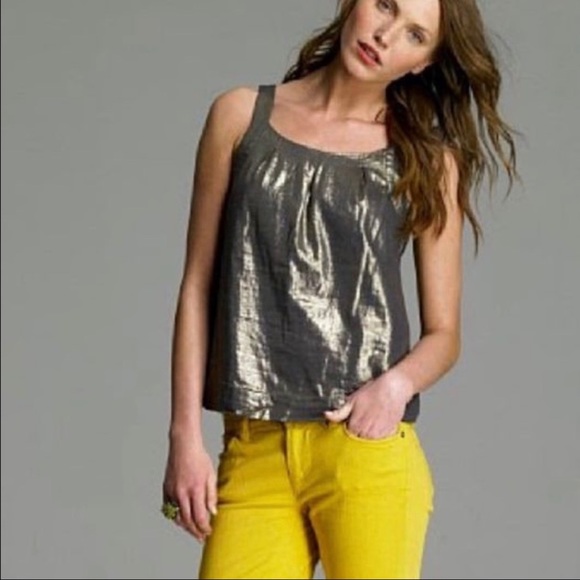 J Crew Whisper Lamé Cotton Pintuck Tank Gold Top
